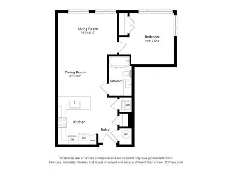1Bed - 1 bath A03 Floor Plan at Arrowwood Apartments, North Bethesda, MD